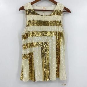 Julie Brown Sequined Top Striped Ivory Gold Sleeveless Pullover Round Neck SZ L